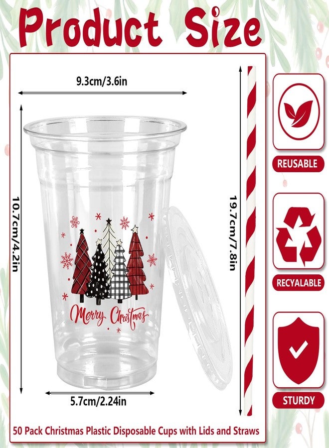 JarThenaAMCS أكواب بلاستيكية شفافة من JarThenaAMCS، 50 قطعة، بأغطية وماصات، بتصميمات حمراء وسوداء، وشجرة عيد الميلاد، وندفة ثلج، ونقشة مربعات، سعة 12 أونصة، للاستخدام مرة واحدة، مثالية لحفلات عيد الميلاد. - Image 2